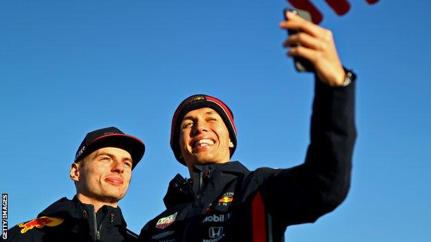 Alex Albon (right) with Red Bull drive partner Max Verstappen