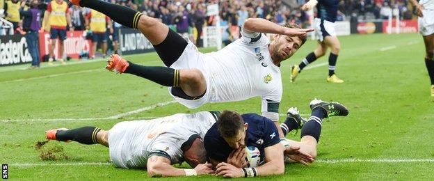 Tommy Seymour scores a try for Scotland