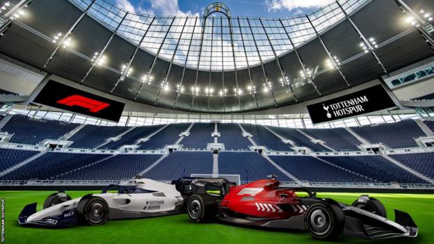 Graphic displaying F1 cars at Tottenham Hotspur Stadium