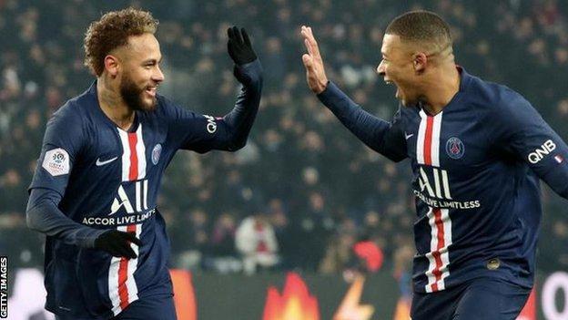 Neymar and Kylian Mbappe celebrate a goal