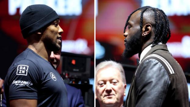 Split image of Anthony Joshua in a face-off and Deontay Wilder in a face-off