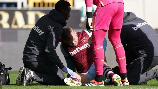 West Ham forward Jarrod Bowen gets treatment during his side's win against Wolves