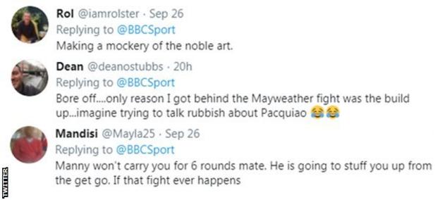 Boxing fans on Twitter react to news that Conor McGregor could fight Manny Pacquiao next, with one fan telling McGregor that 
