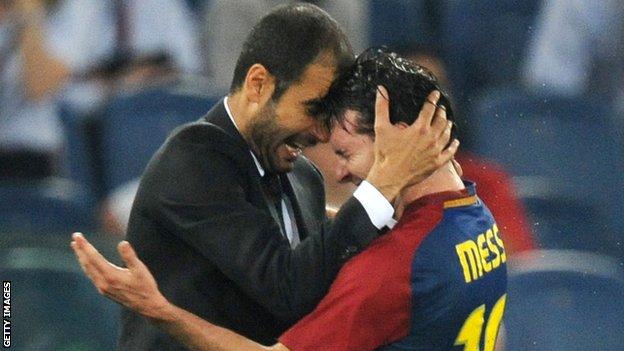 Pep Guardiola and Lionel Messi