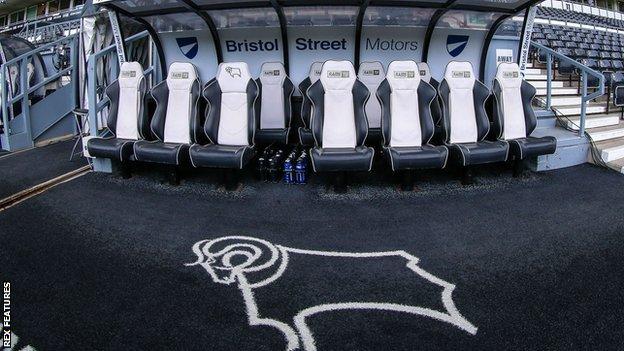 General view of Derby's dugout at Pride Park