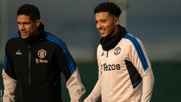 Manchester United's Jadon Sancho in action during a first team training session at Carrington Training Ground.