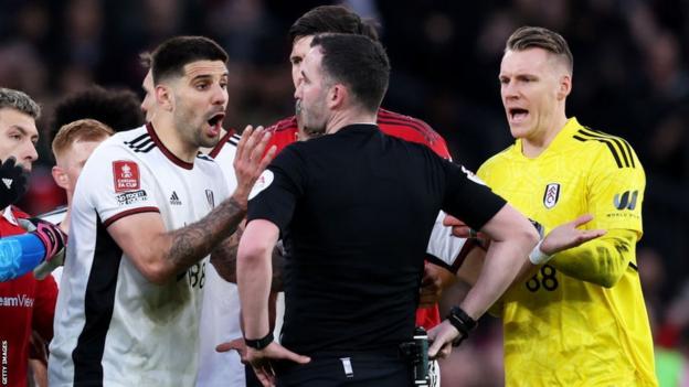 Aleksandar Mitrovic is sent off during Fulham's FA Cup tie with Manchester United in April