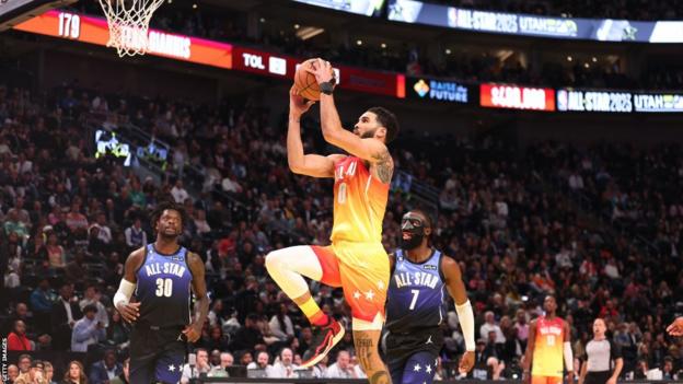 Jayson Tatum goes up for a shot in the second half of the 2023 NBA All Star Game