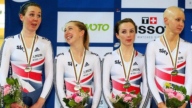 Katie Archibald, Laura Trott, Elinor Barker and Joanna Rowsell-Shand receive their silver medals at the 2015 World Championships