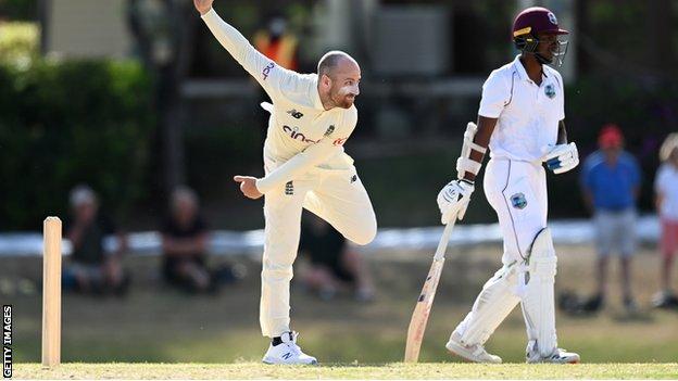 Jack Leach bowling for England in the series against West Indies