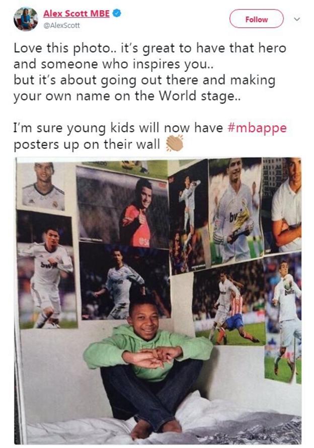 Kylian Mbappe surrounded by posters of his favourite players when he was a child