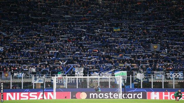 General view of stands at San Siro during Atalanta's 'home' match with Valencia in February