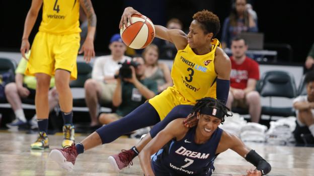 Indiana Fever guard Tiffany Mitchell (3) collides with Atlanta Dream guard Brittney Sykes (7) going for the loose ball during the game between the Atlanta Dream and Indiana Fever July 01, 2018, at Bankers Life Fieldhouse in Indianapolis, IN. The Atlanta Dream defeated the Indiana Fever 87-83. (Photo by Jeffrey Brown/Icon Sportswire via Getty Images)