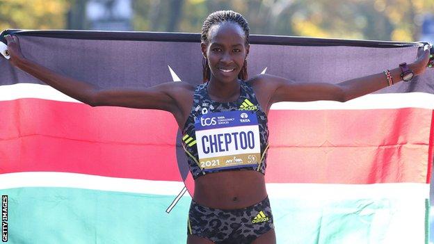 Viola Cheptoo Lagat celebrates her second place at the 2021 New York Marathon