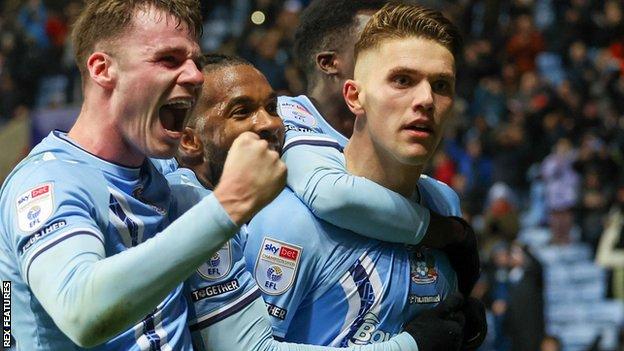 Coventry celebrate their late winner against West Bromwich Albion