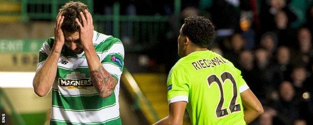 Celtic's Charlie Mulgrew shows his disappointment against Ajax