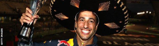 Ricciardo celebrates after being awarded third place