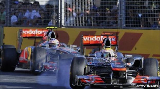 Lewis Hamilton and Jenson Button racing in Melbourne
