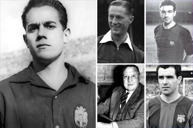 Clockwise from left: Barca's Luis Suarez; English referee Reg Leafe; Barca's second-leg scorers Marti Verges and Evaristo and Real president Santiago Bernabeu