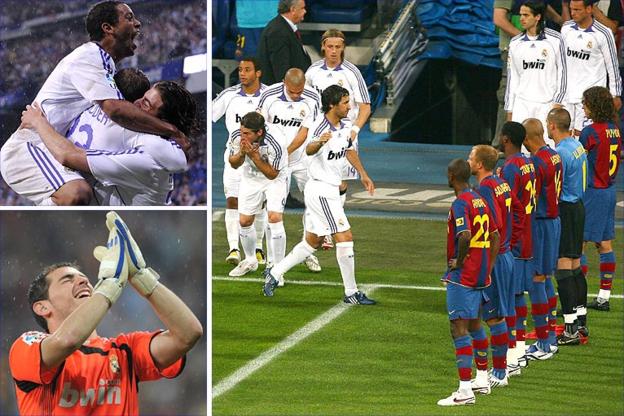 Real celebrate thrashing Barca 4-1 at the Bernabeu after the Barcelona players formed a guard of honour before kick-off