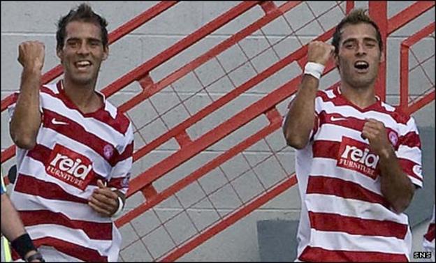 Marco and Flavio Paixao do a goal celebration dance