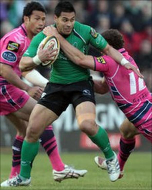 Connacht's Niva Ta'auso is tackled by Jamie Roberts at the Showgrounds