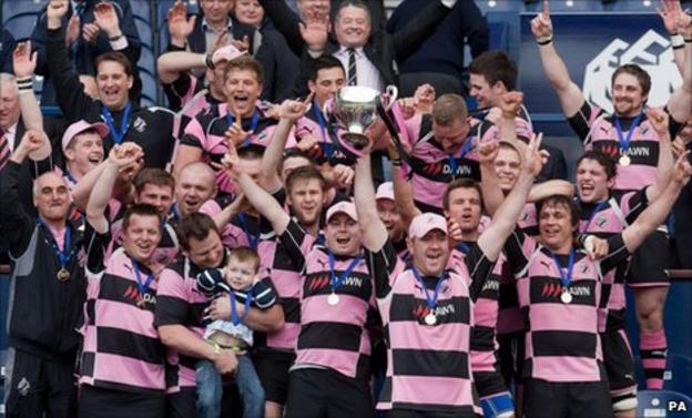 Ayr celebrate winning the Scottish Premier Cup after beating Melrose in the final