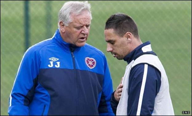 Jim Jefferies with Hearts winger Suso