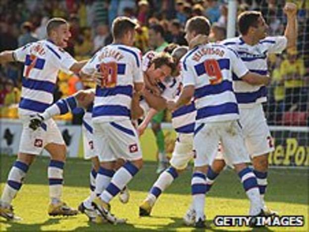 QPR celebrate Tommy Smith's late goal