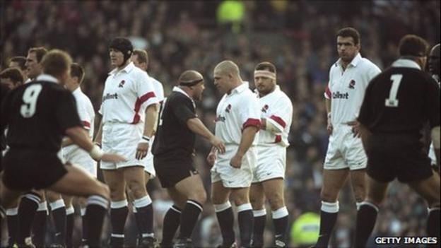 England face the haka before the All Blacks tour match at Old Trafford in November 1997