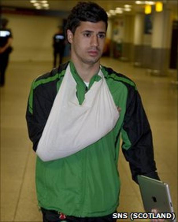 Beram Kayal returns to Glasgow with his wrist in a sling