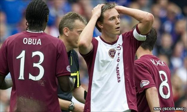 Hearts defender Eggert Jonsson was dismissed during the 4-0 defeat to Rangers