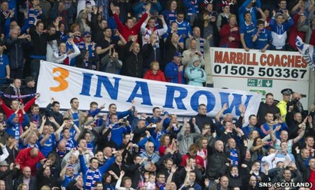 Rangers fans celebrating at Rugby Park on Sunday