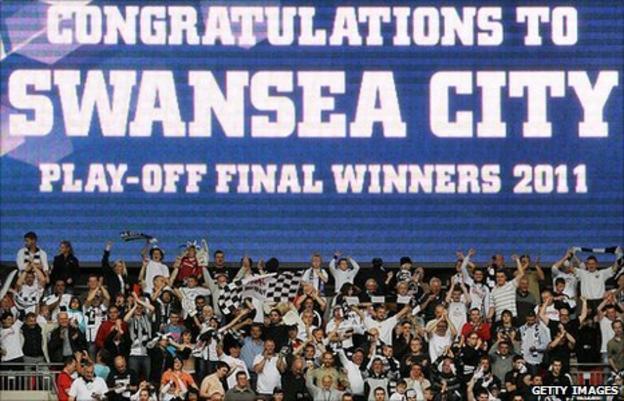 Swansea City fans celebrate promotion