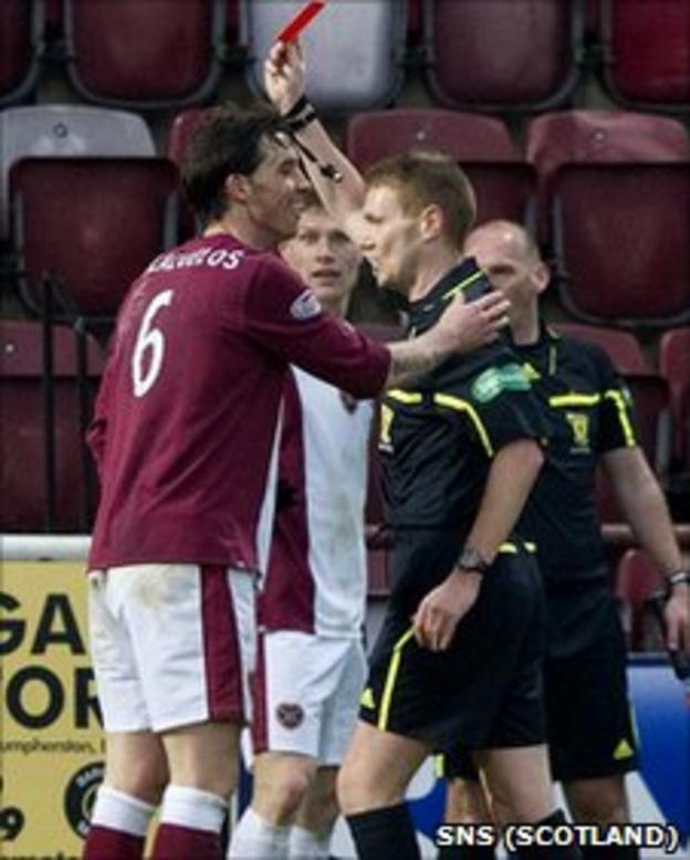 Hearts' Ruben Palazuelos picks up one of his two red cards