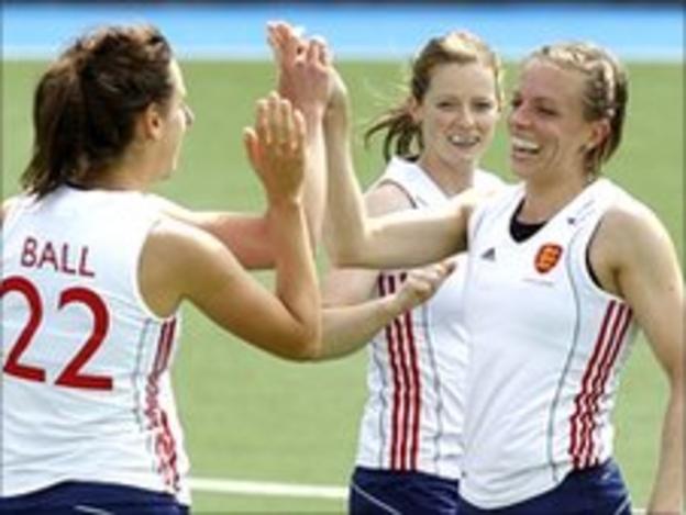 Kate Walsh (right) celebrates scoring