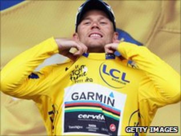 Thor Hushovd wearing the yellow jersey