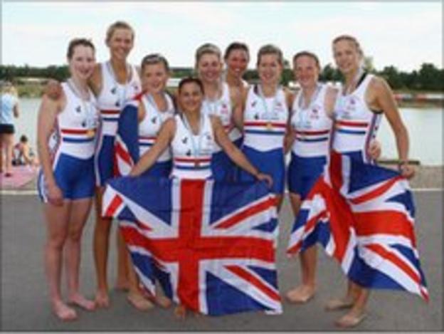 Victoria Bryant, Jacqueline Round, Monica Relph, Victoria Thornley, Michelle Vezie, Emily Taylor, Leonora Kennedy, Rachael Jefferies and Zoe De Toledo of Great Britain with their gold medals after the Womens Eight Final during the 2009 FISA World Rowing U23 Championships