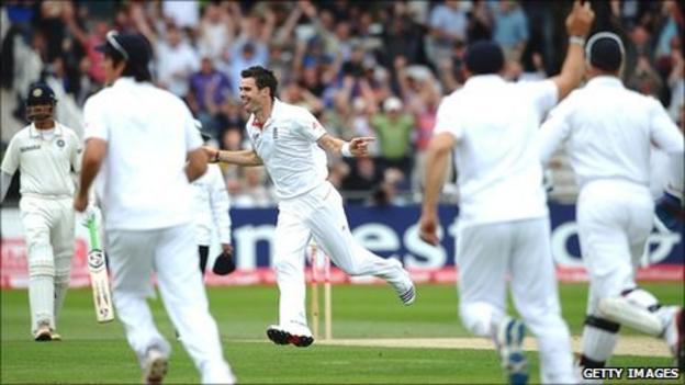 James Anderson celebrates after removing Abhinav Mukund with the first ball of India's innings