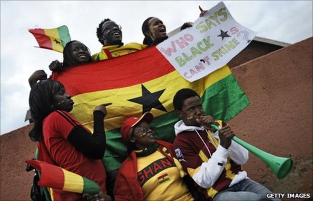 South African fans declare their support for Ghana after the Black Stars lost to Uruguay on penalties in the quarter final of the 2010 World Cup.