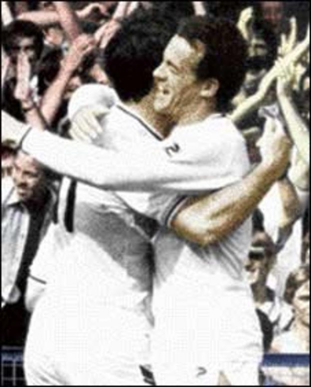 Alan Curtis (right) celebrates with Bob Latchford during the 5-1 win over Leeds United