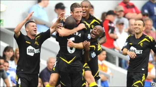 Gary Cahill (centre) is congratulated by team-mates for his opening goal