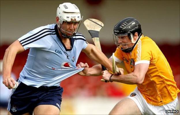 Mark Schutte and Michael Armstrong in action in the All-Ireland Under-21 hurling semi-final in August