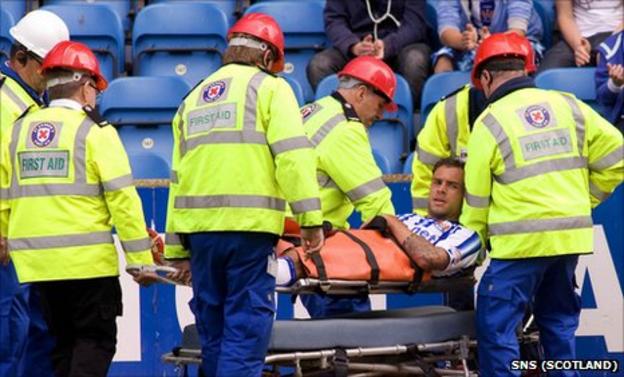 Kilmarnock defender Ryan O'Leary is stretchered off injured during the 0-0 draw with Hearts