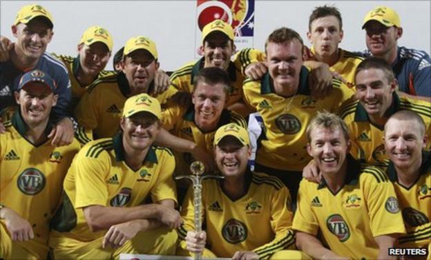 Australia celebrate with the one-day series trophy