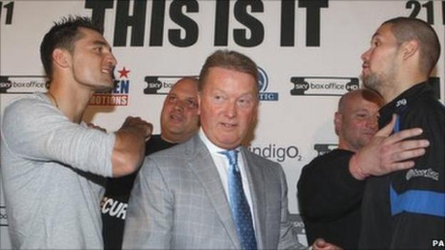 Nathan Cleverly (left) and Tony Bellew (right) are kept apart by promoter Frank Warren