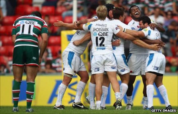 Exeter's players were overjoyed at becoming only the second side in three years to win a league match at Welford Road