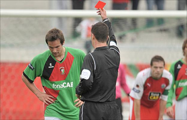 Andrew Waterworth was sent-off during Glentoran's home defeat by Cliftonville