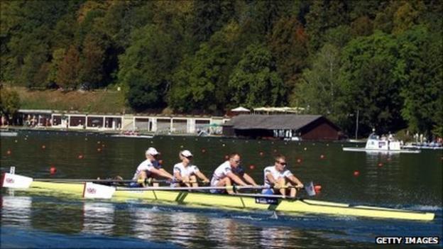 Pamela Relph, Naomi Riches, David Smith, James Roe and Lily Van Den Broecke of Great Britain compete in the adaptive rowing heats during the FISA Rowing World Championships at Lake Bled on August 29, 2011.