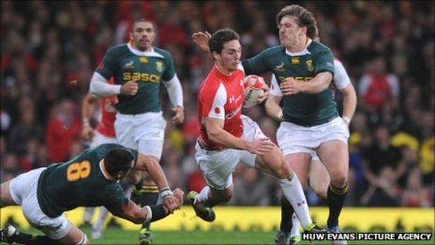 Wales wing George North tests the South Africa defence in last November's Test
